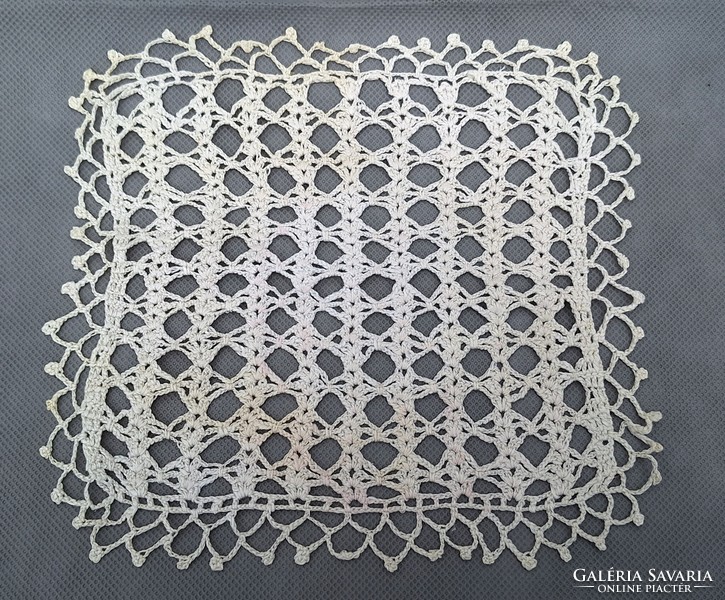 Old lace tablecloth, needlework, porcelain, decorative object under porcelain 22 x22 cm.