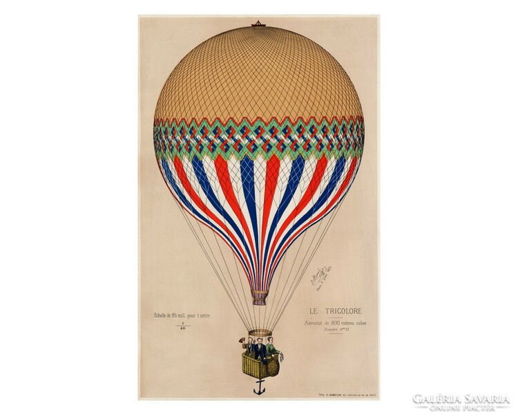 1874 Paris, Vintage poszter egy felemelkedő légballonról ami a francia zászló színeire van festve