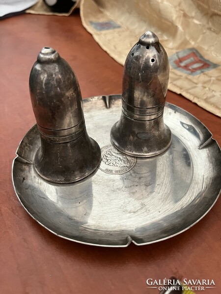 Silver English salt and pepper shakers, French bowl