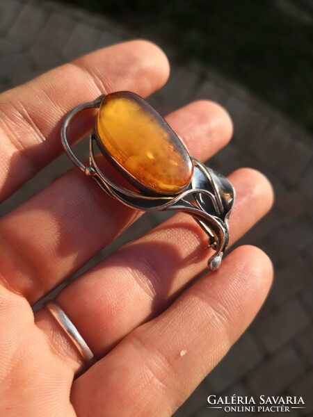 Beautiful silver brooch with amber stones, pin