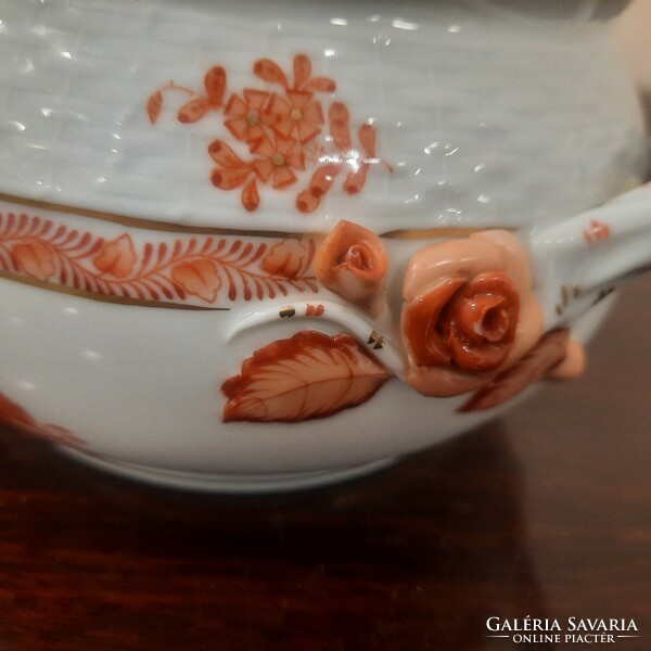Herendi Orange Apponyi mintás porcelán madár fogós szószos, leveses tál
