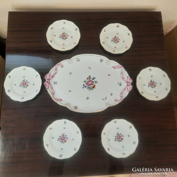 Herendi Nanking Bouquet porcelán süteményes készlet szalagtállal