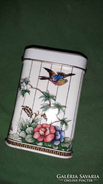 Gyönyörű madaras virágos angol fém lemez " Springtime " tea teás doboz 10 x 7 x 7 cm a képek szerint