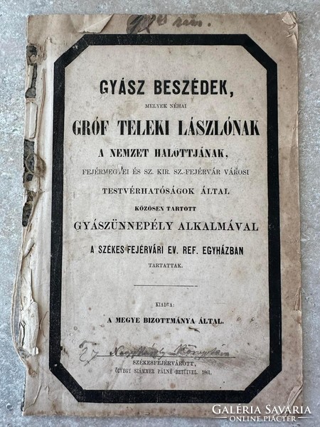 Funeral speeches for László Teleki 1861