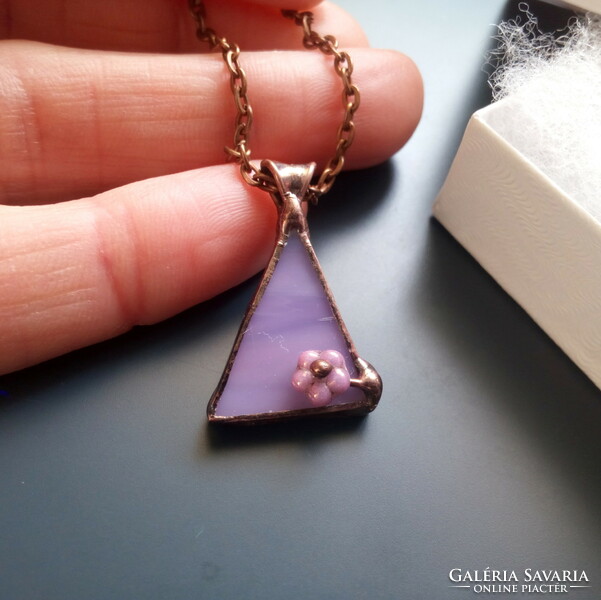 Purple glass jewelry pendant with drops of flower pearls