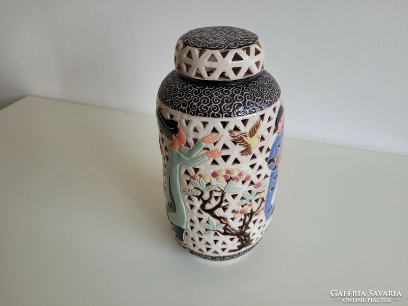 Ceramic decorative vase oriental openwork box bird pattern storage with lid 30 cm