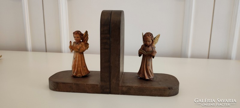Antik, fából készült, faragott, kézzel festett, angyalkás könyvtámasz pár angyal