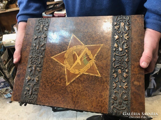 Inlaid wood box with bronze decorations, size 45 x 35 cm.