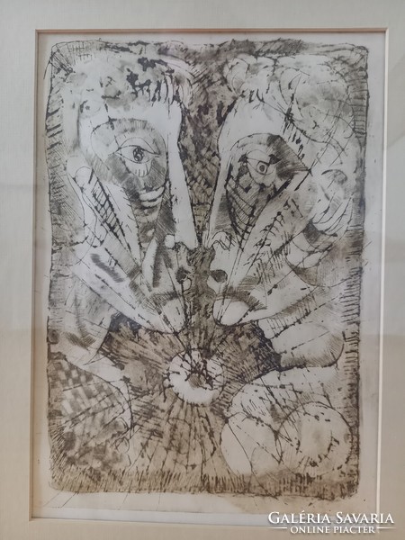 Kondor István grafika az 1970-es évekből, monokrom nyomat, két emberfej, kortárs fakeretben