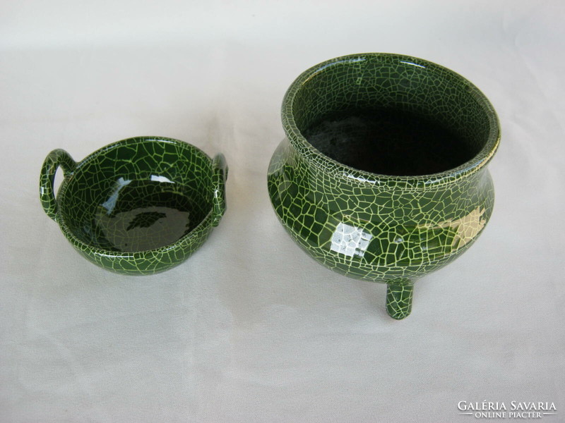 Green glazed ceramic ikebana bowl with vase + basket
