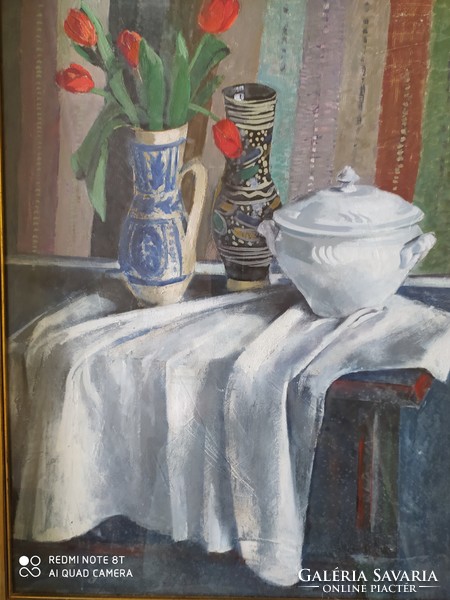 Silver George: still life flawless oil painting, gallery etiquette original frame 83 x 66 cm