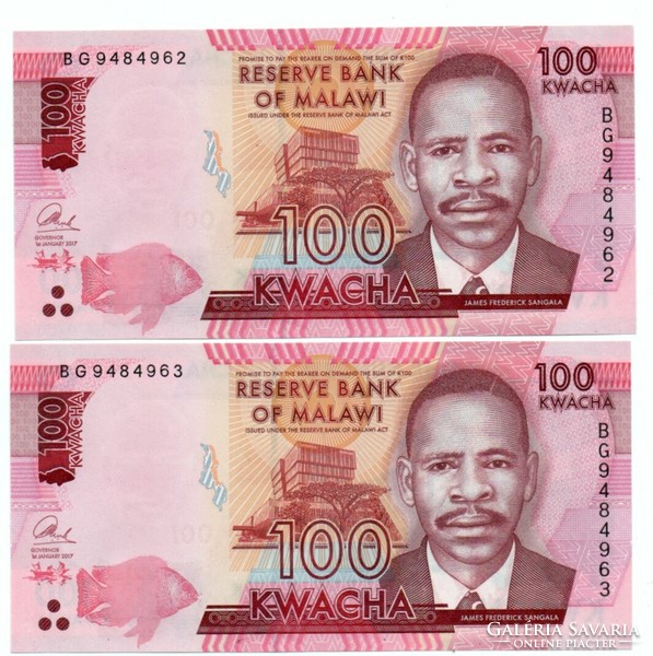 100 Kwacha in 2 pairs serial number tracking 2017 Malawi