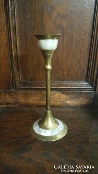 Old mother-of-pearl inlaid copper candle holder