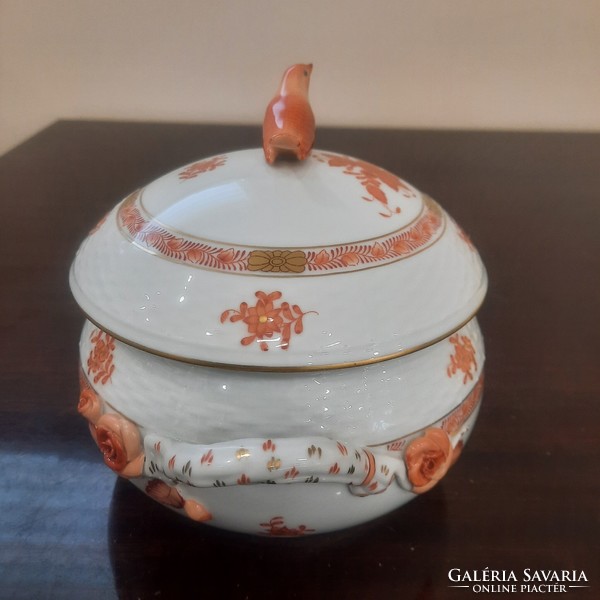 Herend orange Appony pattern porcelain sauce and soup bowl with bird catch