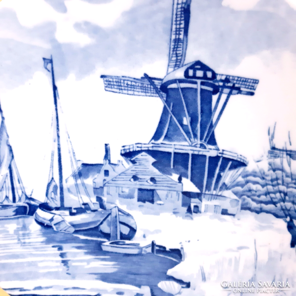 Delft porcelain decorative plate, blue-white, Dutch porcelain, ship, sailboat, sea scene (large)