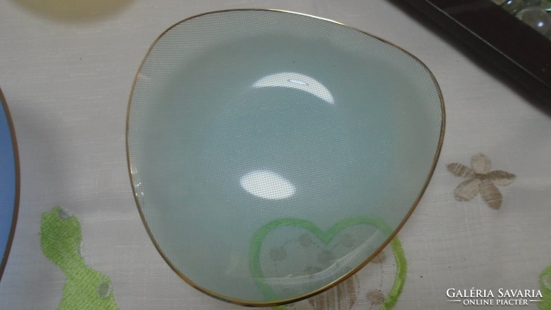Beautiful old colorful thin glass serving bowl with 6 small plates, flawless