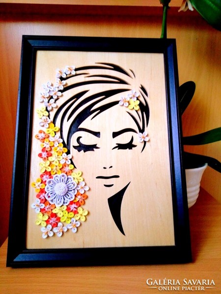 Wall, decorative picture, on a wooden base, with quilling technique, size 33x24cm