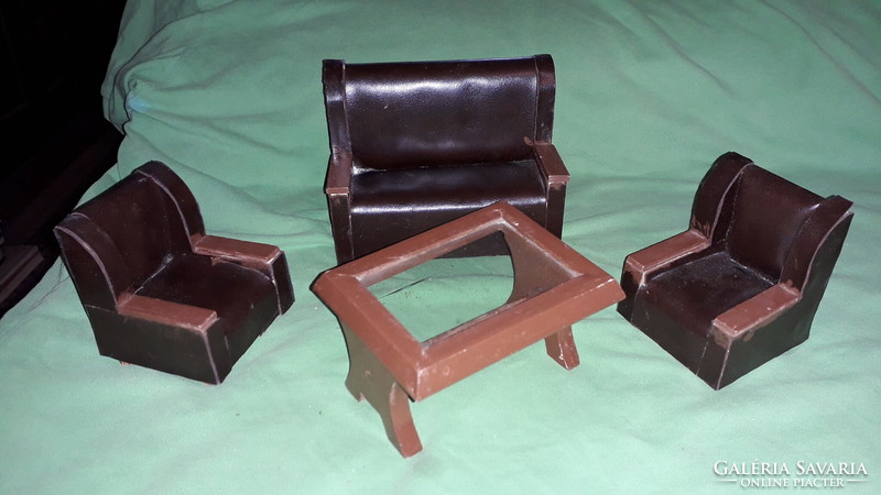Old toy wooden doll's room furniture leather sofa set + glass table 12-18 cm together for dolls according to pictures