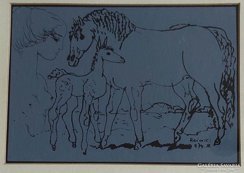 Karol Reich (1922-1988). Mother with child, horse, foal. Screen print.