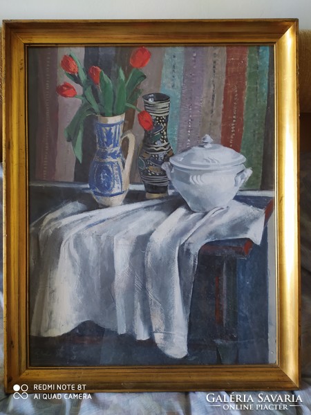 Silver George: still life flawless oil painting, gallery etiquette original frame 83 x 66 cm