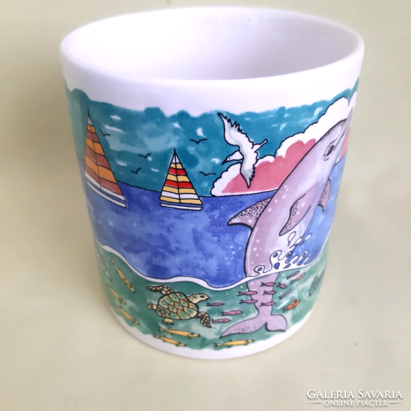Blue, green mug, dolphin, sea, sailboat, lighthouse, fish, turtle, patterned mug, from California