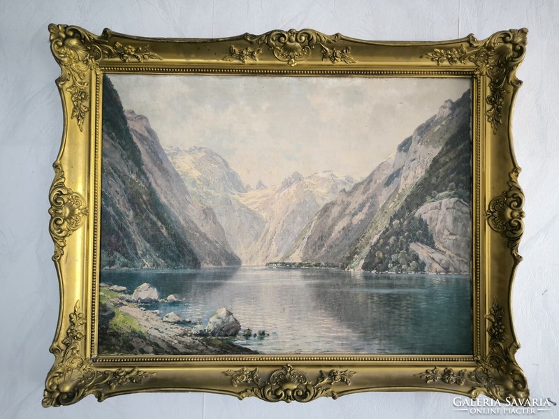 Antique lake picture painting, beautifully painted oil canvas picture of a sea lion. Austria, Switzerland