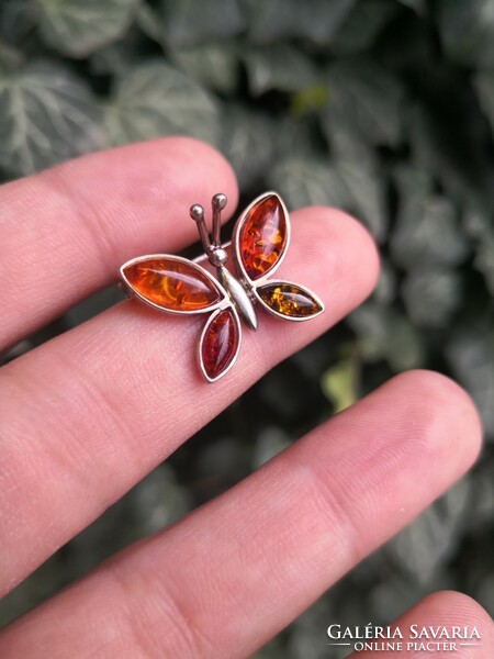 Beautiful butterfly, silver brooch with amber stones, pin