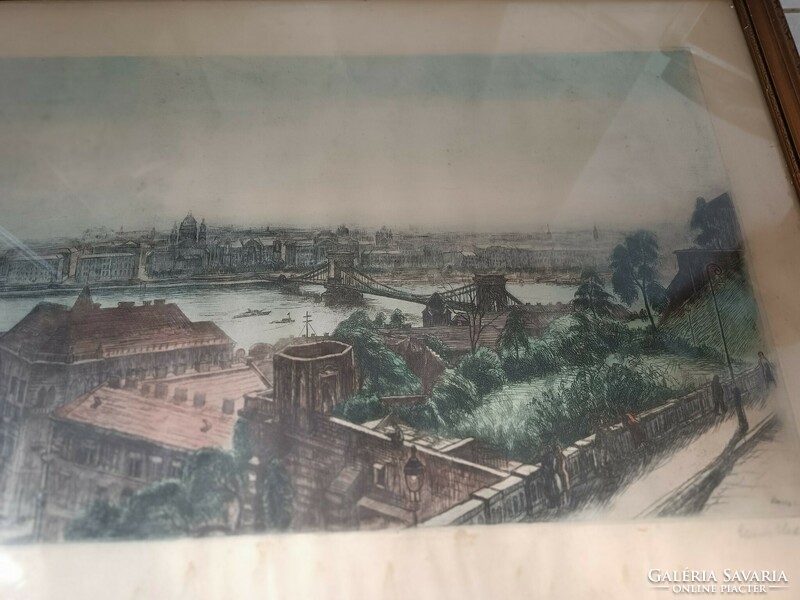Retro èlesdy istvàn lánchîd parliament castle danube Budapest panorama etching