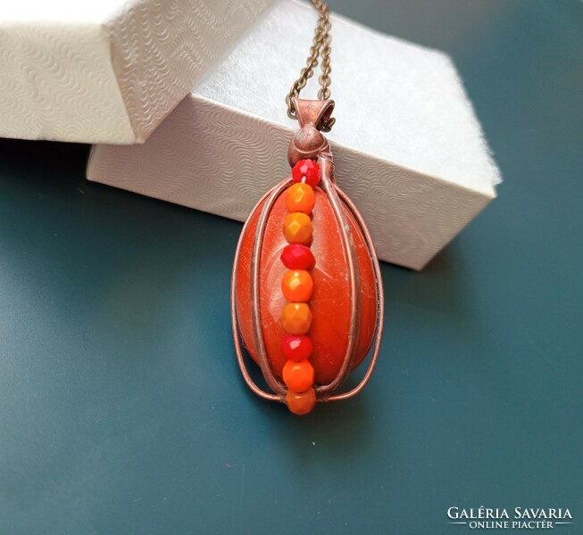Special handcrafted mineral pendant, red jasper with colored glass beads