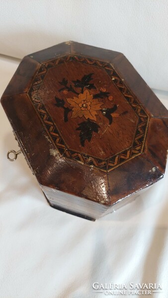 Antique jewelry, inlaid wooden box with key