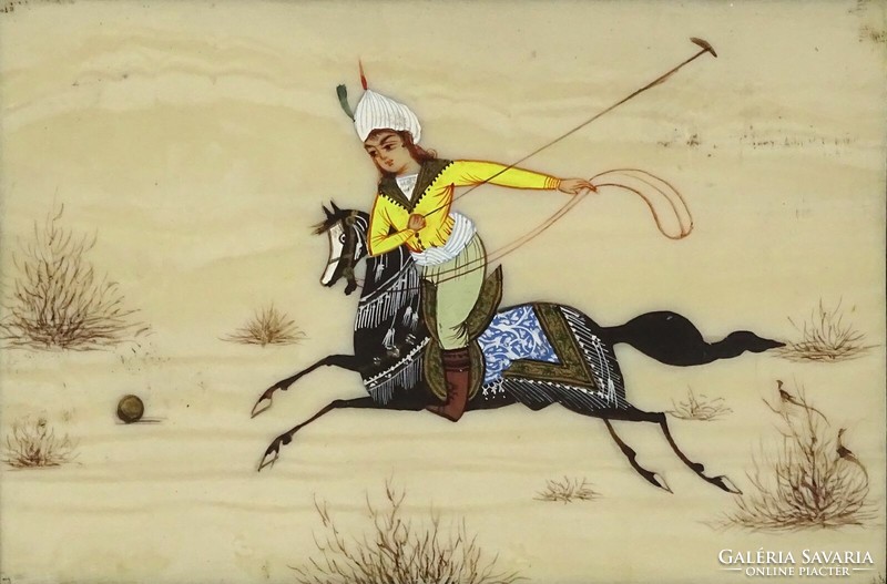 1Q935 beautiful old bone-painted orientalist equestrian scene in frame 16.7 X 20.8 Cm