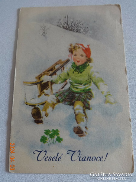 Régi grafikus karácsonyi üdvözlő képeslap: kislány szánkóval