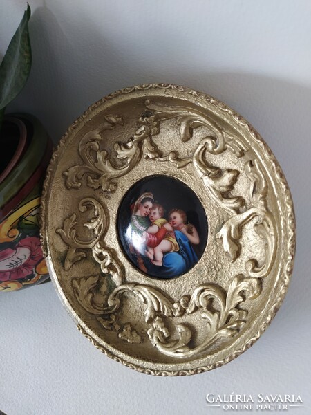 Antique painted Italian porcelain holy image in a gilded wooden frame