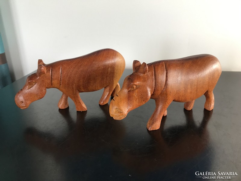 African wood carving, 2 hippos carved from exotic wood (302)