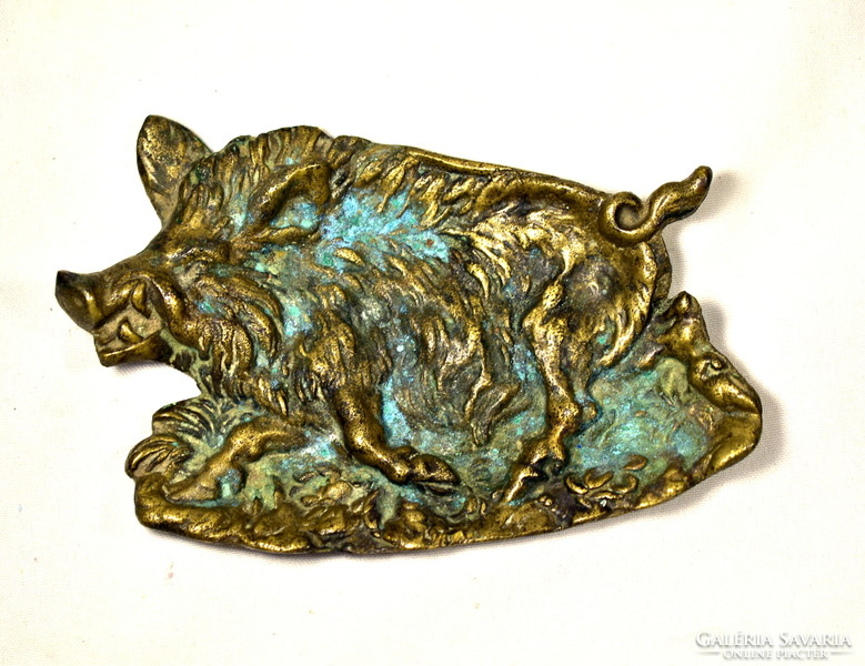 Wild boar figural patinated old copper business card holder decorative bowl