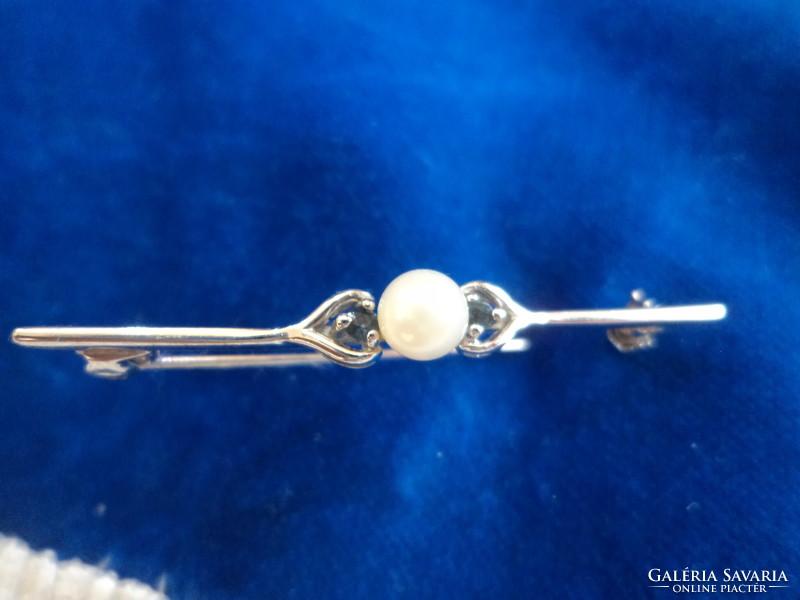 Collar pin silver with sapphire and pearl 4.5 cm