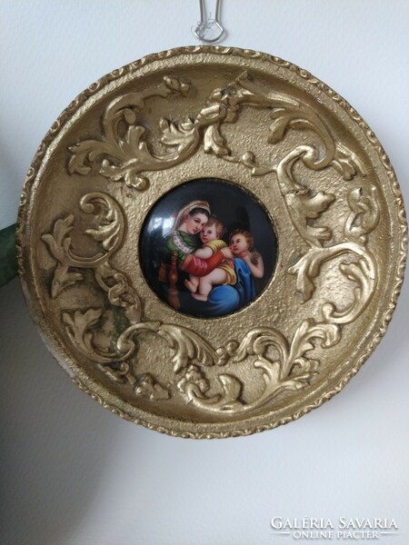 Antique painted Italian porcelain holy image in a gilded wooden frame