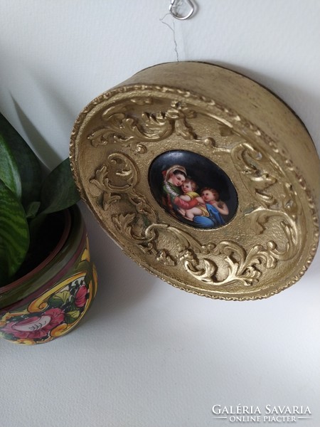 Antique painted Italian porcelain holy image in a gilded wooden frame