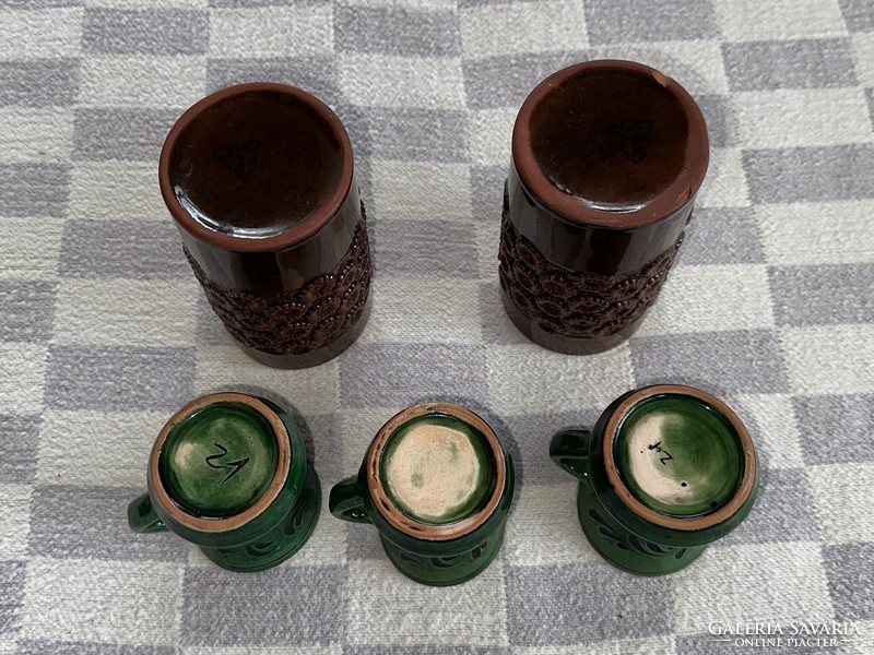 Városlőd majolica ceramic cup and green ceramic small jug - 5 pieces together
