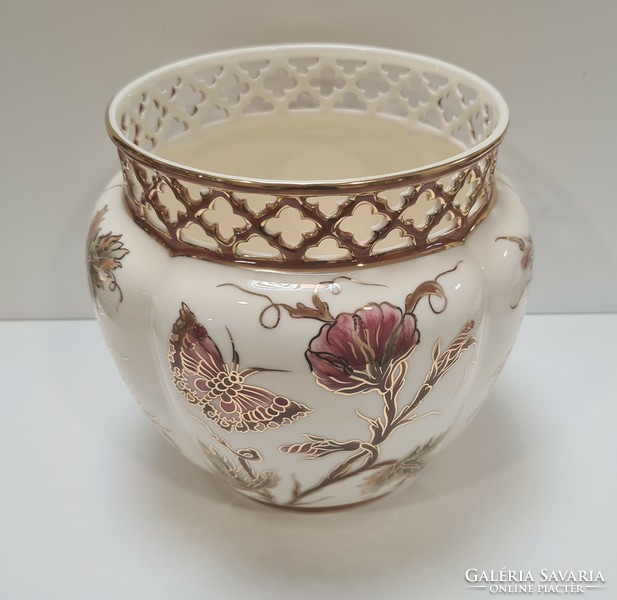 Zsolnay butterfly and flower pattern large basket #1926