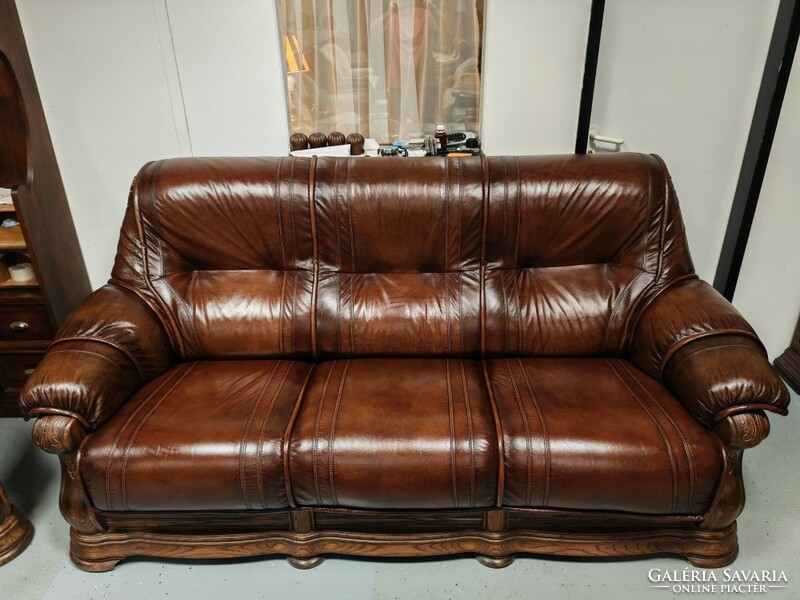Antique brown saporro leather sofa with oak frame 3-1-1+bed