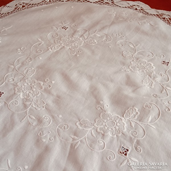Antique white, embroidered, lace-decorated tablecloth, 71 cm in diameter