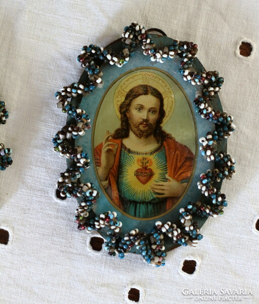 Antique nun's work, holy images of the Virgin Mary and Jesus, with a beaded frame
