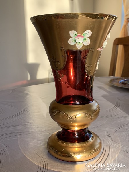 Bohemia Cseh virágos üveg váza aranyozott 26 cm!
