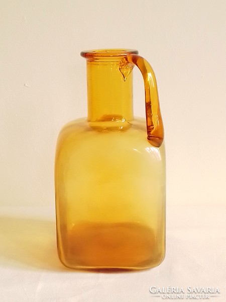 Old Amber Yellow Colored Square Molded Glass With Handle Decor Pitcher Bottle Pouring Vase 20.5cm