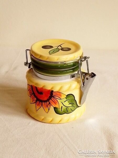Lovely little sunflower and olive berry pattern glazed ceramic storage container with buckle 8.5 cm
