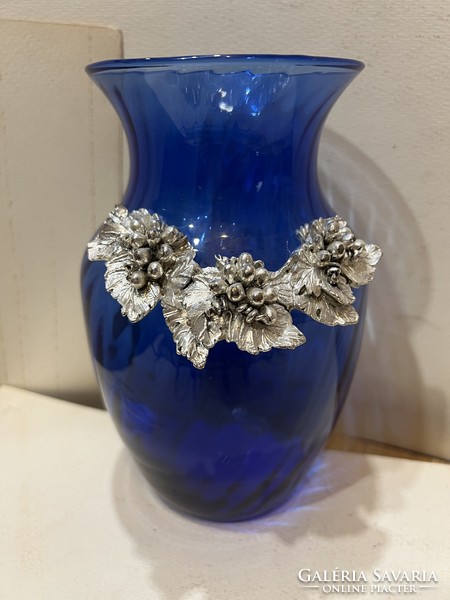 Jay Strongwater (amerikai) kobalt üveg vázája, 20 x 14 cm-es. 4573