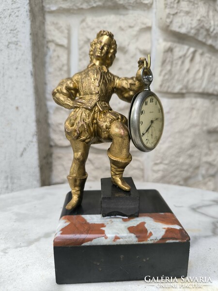 Antique pocket watch holder, antique statue made of metal, table clock, picture holder, gilded.