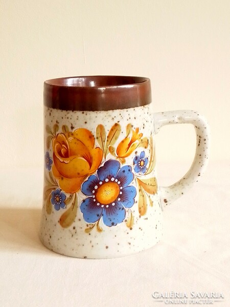 Old polka dot glazed porcelain milk jug Krigli giant mug flower pattern marked 6 dl German bmf