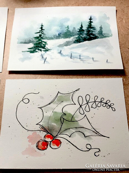 4 handmade watercolor Christmas cards in one package - no print